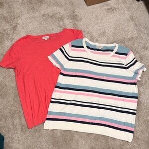 LOFT Coral Tee and White Multi-Striped Short Sleeve Tops